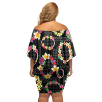 Hawaiian Kakau Tattoo Leis and Palaka Pattern Off Shoulder Short Dress Traditional Aloha Tribal Black Color LT03 - Polynesian Pride