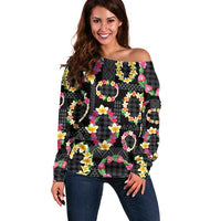 Hawaiian Kakau Tattoo Leis and Palaka Pattern Off Shoulder Sweater Traditional Aloha Tribal Black Color