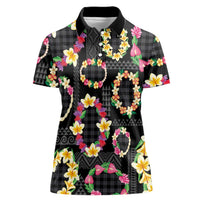 Hawaiian Kakau Tattoo Leis and Palaka Pattern Women Polo Shirt Traditional Aloha Tribal Black Color