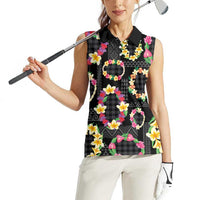 Hawaiian Kakau Tattoo Leis and Palaka Pattern Women Sleeveless Polo Shirt Traditional Aloha Tribal Black Color