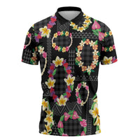 Hawaiian Kakau Tattoo Leis and Palaka Pattern Zipper Polo Shirt Traditional Aloha Tribal Black Color