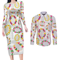 Hawaiian Kakau Tattoo Leis and Palaka Pattern Couples Matching Long Sleeve Bodycon Dress and Long Sleeve Button Shirt Traditional Aloha Tribal White Color LT03 White - Polynesian Pride