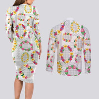 Hawaiian Kakau Tattoo Leis and Palaka Pattern Couples Matching Long Sleeve Bodycon Dress and Long Sleeve Button Shirt Traditional Aloha Tribal White Color LT03 - Polynesian Pride