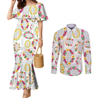 Hawaiian Kakau Tattoo Leis and Palaka Pattern Couples Matching Mermaid Dress and Long Sleeve Button Shirt Traditional Aloha Tribal White Color