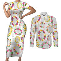 Hawaiian Kakau Tattoo Leis and Palaka Pattern Couples Matching Short Sleeve Bodycon Dress and Long Sleeve Button Shirt Traditional Aloha Tribal White Color