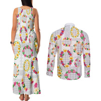Hawaiian Kakau Tattoo Leis and Palaka Pattern Couples Matching Tank Maxi Dress and Long Sleeve Button Shirt Traditional Aloha Tribal White Color