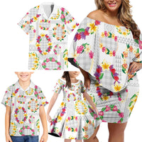 Hawaiian Kakau Tattoo Leis and Palaka Pattern Family Matching Off Shoulder Short Dress and Hawaiian Shirt Traditional Aloha Tribal White Color