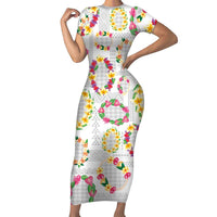 Hawaiian Kakau Tattoo Leis and Palaka Pattern Family Matching Short Sleeve Bodycon Dress and Hawaiian Shirt Traditional Aloha Tribal White Color