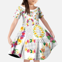 Hawaiian Kakau Tattoo Leis and Palaka Pattern Kid Short Sleeve Dress Traditional Aloha Tribal White Color LT03 KID White - Polynesian Pride