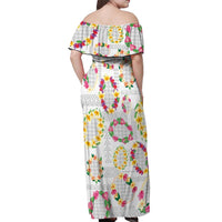Hawaiian Kakau Tattoo Leis and Palaka Pattern Off Shoulder Maxi Dress Traditional Aloha Tribal White Color