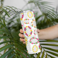 Hawaiian Kakau Tattoo Leis and Palaka Pattern Skinny Tumbler Traditional Aloha Tribal White Color