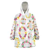Hawaiian Kakau Tattoo Leis and Palaka Pattern Wearable Blanket Hoodie Traditional Aloha Tribal White Color