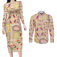 Hawaiian Kakau Tattoo Leis and Palaka Pattern Couples Matching Long Sleeve Bodycon Dress and Long Sleeve Button Shirt Traditional Aloha Tribal Beige Color