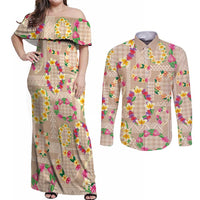 Hawaiian Kakau Tattoo Leis and Palaka Pattern Couples Matching Off Shoulder Maxi Dress and Long Sleeve Button Shirt Traditional Aloha Tribal Beige Color