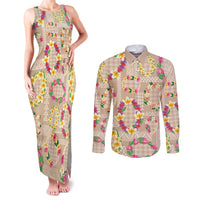 Hawaiian Kakau Tattoo Leis and Palaka Pattern Couples Matching Tank Maxi Dress and Long Sleeve Button Shirt Traditional Aloha Tribal Beige Color