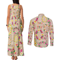 Hawaiian Kakau Tattoo Leis and Palaka Pattern Couples Matching Tank Maxi Dress and Long Sleeve Button Shirt Traditional Aloha Tribal Beige Color