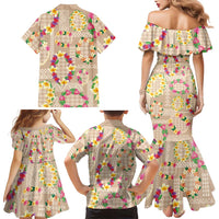 Hawaiian Kakau Tattoo Leis and Palaka Pattern Family Matching Mermaid Dress and Hawaiian Shirt Traditional Aloha Tribal Beige Color LT03 - Polynesian Pride