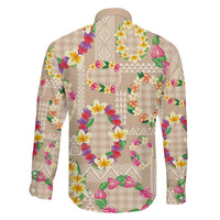 Hawaiian Kakau Tattoo Leis and Palaka Pattern Family Matching Off The Shoulder Long Sleeve Dress and Hawaiian Shirt Traditional Aloha Tribal Beige Color LT03 - Polynesian Pride