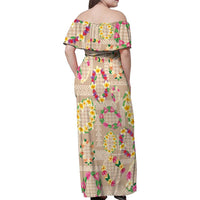 Hawaiian Kakau Tattoo Leis and Palaka Pattern Family Matching Off Shoulder Maxi Dress and Hawaiian Shirt Traditional Aloha Tribal Beige Color