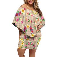 Hawaiian Kakau Tattoo Leis and Palaka Pattern Off Shoulder Short Dress Traditional Aloha Tribal Beige Color LT03 Women Beige - Polynesian Pride
