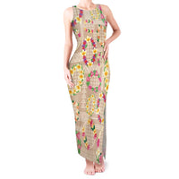 Hawaiian Kakau Tattoo Leis and Palaka Pattern Tank Maxi Dress Traditional Aloha Tribal Beige Color