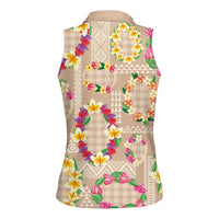Hawaiian Kakau Tattoo Leis and Palaka Pattern Women Sleeveless Polo Shirt Traditional Aloha Tribal Beige Color