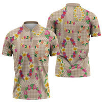 Hawaiian Kakau Tattoo Leis and Palaka Pattern Zipper Polo Shirt Traditional Aloha Tribal Beige Color