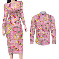 Hawaiian Leis Couples Matching Long Sleeve Bodycon Dress and Long Sleeve Button Shirt Kakau Tattoos and Palaka Pastel Pink Color