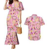 Hawaiian Leis Couples Matching Mermaid Dress and Hawaiian Shirt Kakau Tattoos and Palaka Pastel Pink Color