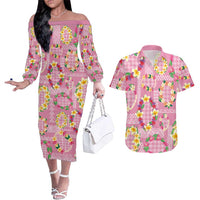 Hawaiian Leis Couples Matching Off The Shoulder Long Sleeve Dress and Hawaiian Shirt Kakau Tattoos and Palaka Pastel Pink Color LT03 Pink - Polynesian Pride