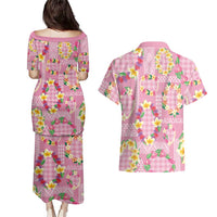 Hawaiian Leis Couples Matching Puletasi and Hawaiian Shirt Kakau Tattoos and Palaka Pastel Pink Color