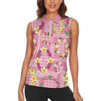 Hawaiian Leis Women Sleeveless Polo Shirt Kakau Tattoos and Palaka Pastel Pink Color