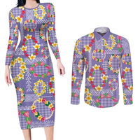 Hawaiian Leis Couples Matching Long Sleeve Bodycon Dress and Long Sleeve Button Shirt Kakau Tattoos and Palaka Pastel Purple Color LT03 Purple - Polynesian Pride