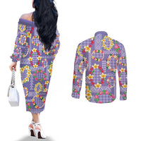 Hawaiian Leis Couples Matching Off The Shoulder Long Sleeve Dress and Long Sleeve Button Shirt Kakau Tattoos and Palaka Pastel Purple Color