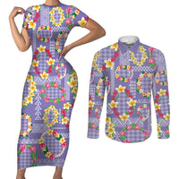 Hawaiian Leis Couples Matching Short Sleeve Bodycon Dress and Long Sleeve Button Shirt Kakau Tattoos and Palaka Pastel Purple Color LT03 Purple - Polynesian Pride