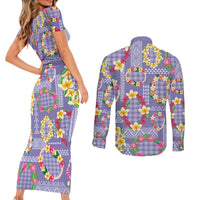 Hawaiian Leis Couples Matching Short Sleeve Bodycon Dress and Long Sleeve Button Shirt Kakau Tattoos and Palaka Pastel Purple Color LT03 - Polynesian Pride