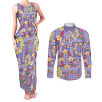 Hawaiian Leis Couples Matching Tank Maxi Dress and Long Sleeve Button Shirt Kakau Tattoos and Palaka Pastel Purple Color