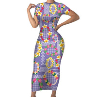 Hawaiian Leis Family Matching Short Sleeve Bodycon Dress and Hawaiian Shirt Kakau Tattoos and Palaka Pastel Purple Color