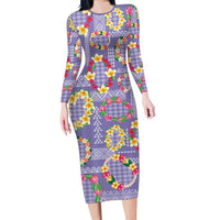 Hawaiian Leis Long Sleeve Bodycon Dress Kakau Tattoos and Palaka Pastel Purple Color