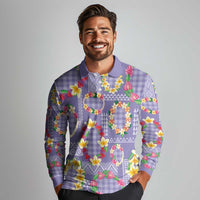 Hawaiian Leis Long Sleeve Polo Shirt Kakau Tattoos and Palaka Pastel Purple Color LT03 - Polynesian Pride