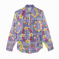 Hawaiian Leis Women Casual Shirt Kakau Tattoos and Palaka Pastel Purple Color