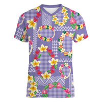 Hawaiian Leis Women V-Neck T-Shirt Kakau Tattoos and Palaka Pastel Purple Color