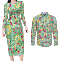 Hawaiian Leis Couples Matching Long Sleeve Bodycon Dress and Long Sleeve Button Shirt Kakau Tattoos and Palaka Pastel Green Color LT03 Green - Polynesian Pride