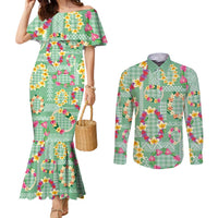 Hawaiian Leis Couples Matching Mermaid Dress and Long Sleeve Button Shirt Kakau Tattoos and Palaka Pastel Green Color