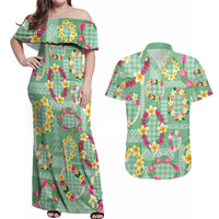 Hawaiian Leis Couples Matching Off Shoulder Maxi Dress and Hawaiian Shirt Kakau Tattoos and Palaka Pastel Green Color