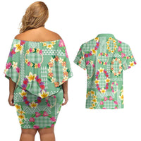 Hawaiian Leis Couples Matching Off Shoulder Short Dress and Hawaiian Shirt Kakau Tattoos and Palaka Pastel Green Color