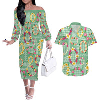 Hawaiian Leis Couples Matching Off The Shoulder Long Sleeve Dress and Hawaiian Shirt Kakau Tattoos and Palaka Pastel Green Color