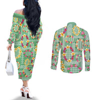 Hawaiian Leis Couples Matching Off The Shoulder Long Sleeve Dress and Long Sleeve Button Shirt Kakau Tattoos and Palaka Pastel Green Color