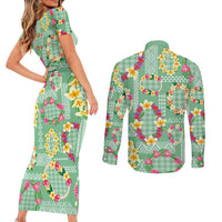 Hawaiian Leis Couples Matching Short Sleeve Bodycon Dress and Long Sleeve Button Shirt Kakau Tattoos and Palaka Pastel Green Color