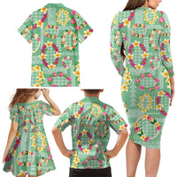 Hawaiian Leis Family Matching Long Sleeve Bodycon Dress and Hawaiian Shirt Kakau Tattoos and Palaka Pastel Green Color